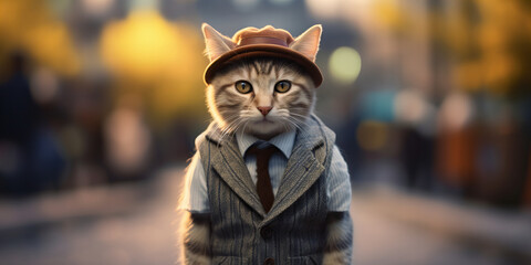 Stylish Whiskered Detective Ready for Mystery in Autumn Twilight Banner - obrazy, fototapety, plakaty