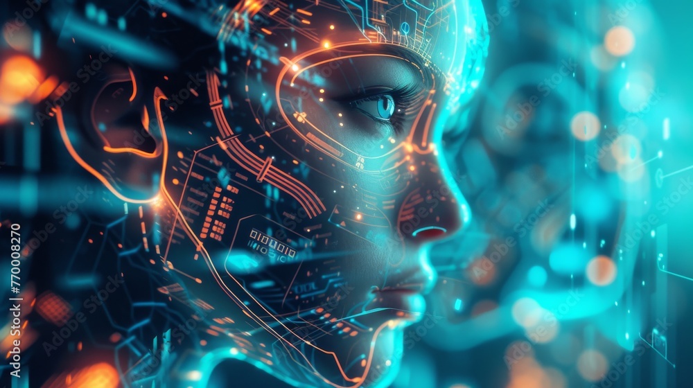 Wall mural artificial intelligence cyborg woman face with circuit board background