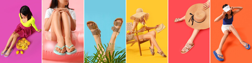 Set of young Asian woman in stylish summer shoes on color background