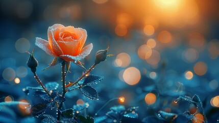   Orange rose with water droplets on its petals against blurry backdrop - obrazy, fototapety, plakaty