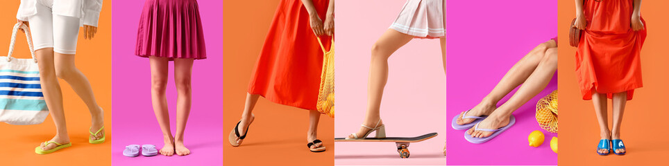 Set of young woman in stylish summer shoes on color background