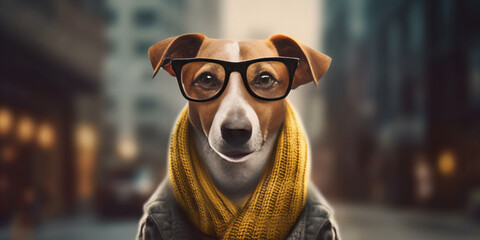 Charming Canine Intellectual Strolling Through Urban Landscape - Banner - obrazy, fototapety, plakaty