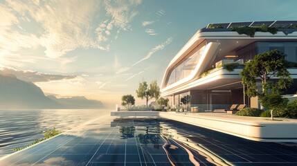 Futuristic Smart Home with Solar Panel System for Renewable Energy. House, Clean, Power, Alternative, Susttainable, Eco, Sun, Electric, Electricity, Environment, Ecology, Battery
 - obrazy, fototapety, plakaty