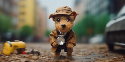 Detective Pup on a Curious City Adventure - Mystery Banner - obrazy, fototapety, plakaty