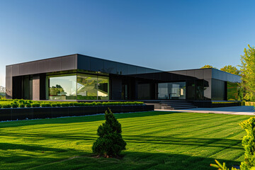 Fototapeta na wymiar A contemporary home in glossy black under a late afternoon's clear blue sky. Meticulously maintained green yard with modern landscaping invites focus on architectural beauty, devoid of people.