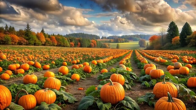Generative ai. a close up of a field of pumpkins with mountains in the background, pumpkin farm background
