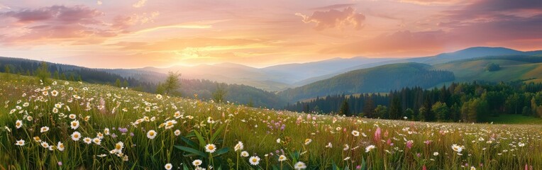 Fototapeta premium Field With Flowers and Mountains