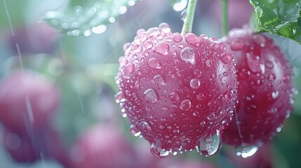   A close-up of two cherries on a branch with droplets of water on the cherries - obrazy, fototapety, plakaty