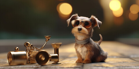 Stylish Small Dog Poses with Golden Trumpet in Soft Evening Light Banner