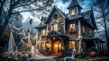 Generative ai. a large house with a lot of halloween decorations on the front, gothic mansion - obrazy, fototapety, plakaty