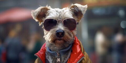 Stylish Canine Fashion Icon with Sunglasses and Jacket Banner