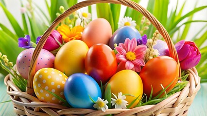 Generative ai. a basket filled with colorful easter eggs and flowers on a table