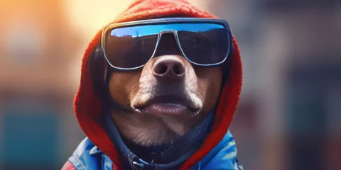 Poster Cool Dog in Sunglasses and Hoodie Poses for a Fun Fashion Banner © Алинка Пад