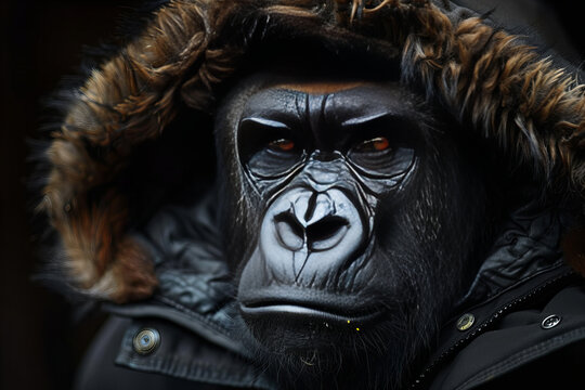Intense Gaze of a Gorilla Dressed in Winter Attire - Banner