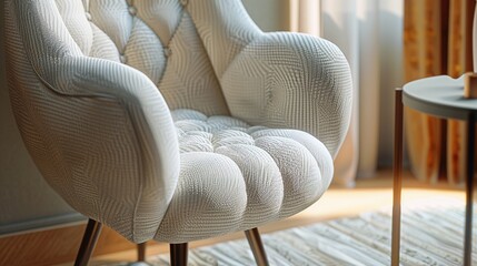 An up-close image of a modern upholstered armchair, featuring clean lines, tufted detailing, and tapered legs, exuding comfort and style.