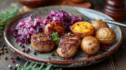   Plate of meat, potatoes, and red cabbage on wooden table with knife and fork