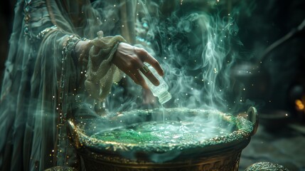  Witch making potion, female hands adds liquid in to boiling cauldron making potion. Walpurgis night 30th April. Witch in scary Halloween laboratory making wizard green potion on dark color background