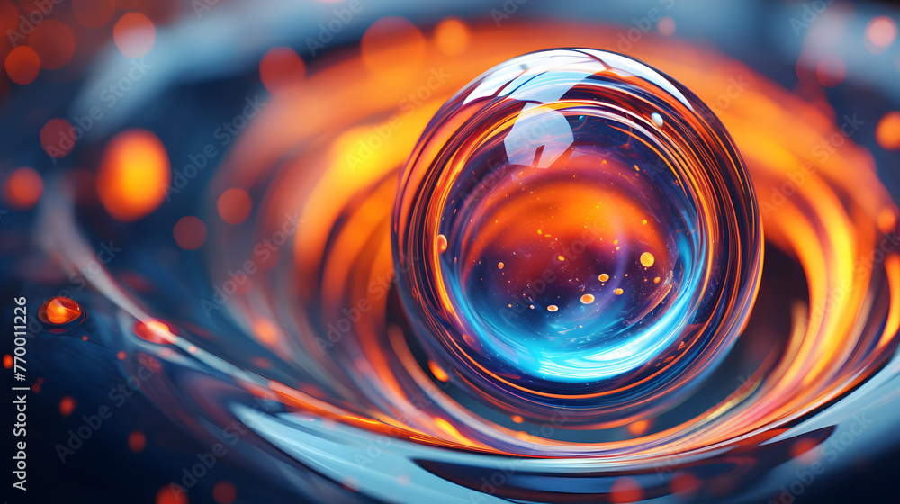 Poster 3d empty glass bubble floating in a colorful vibrant fractal background