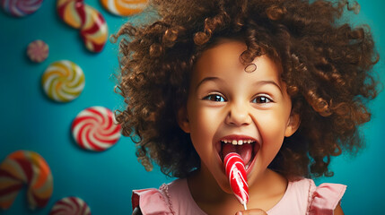 portrait of a cute funny surprised curly girl against the background of a lot of candies in the store. happy childhood of a child - obrazy, fototapety, plakaty