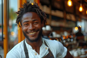 Smiling barista in Brazil, standing outdoors near café glass door, gazing at the camera - obrazy, fototapety, plakaty