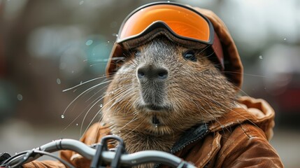   Close-up of rodent wearing helmet and goggles on bike