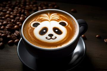 Cup of coffee with latte art, milk foam panda bear illustration. Cozy atmosphere. Cup of...