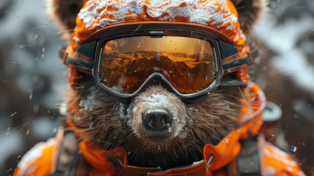   A clear photo of a bear in ski gear with snow falling from its hat
