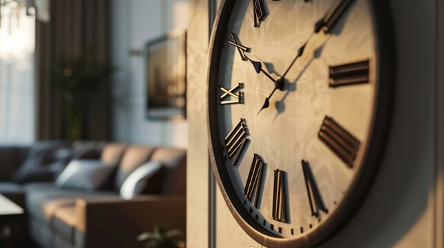 A close-up of a designer wall clock, featuring minimalist design, oversized numerals, and metallic accents, adding a stylish and functional element to a modern living space.