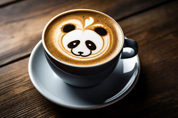 Cup of coffee with latte art, milk foam panda bear illustration. Cup of handcrafted cappuccino on...