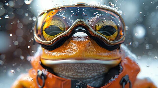   A close-up of a frog with ski goggles on its face