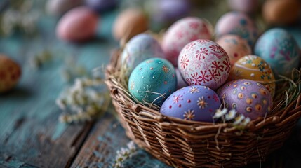 A basket filled with colorful Easter eggs on a wooden table.