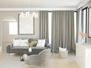 Jasny nowoczesny pokój salon z elegancką sofą, poduszkami i zasłonami na oknie z nowoczesnym...