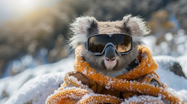   A koala wearing ski goggles on top of snow-covered rocks