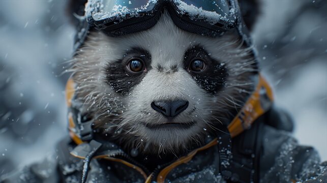   Close-up photo of a panda wearing a jacket and glasses amidst snowfall