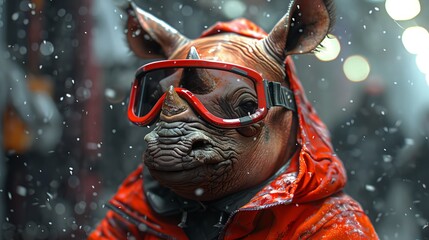  A photo of a dog in a red jacket and goggles during rain with snow on the ground