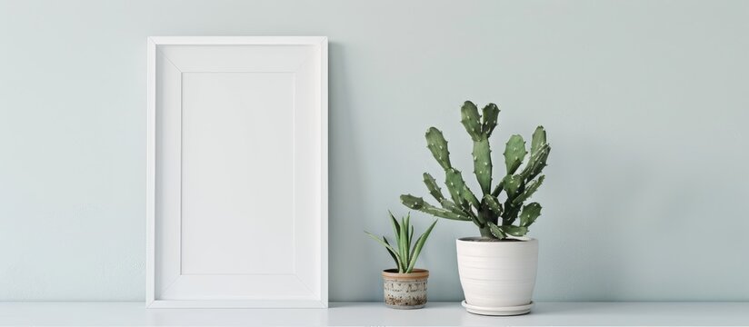 A white table displays a white frame mockup featuring an opuntia cactus in a pot, in portrait orientation.