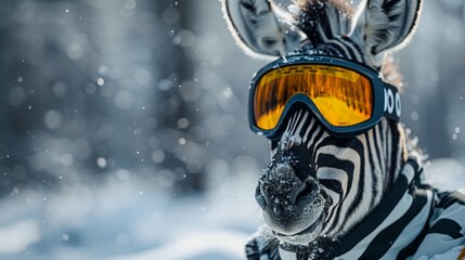   A zoomed-in photo of a zebra wearing ski goggles on a snowy terrain with surrounding trees
