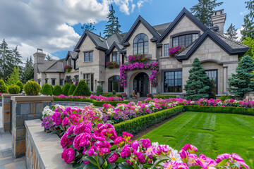 A grand luxury home with seasonal flower arrangements in the front yard, capturing the essence of...