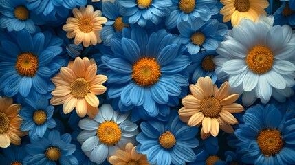   A cluster of blue and yellow flowers with a yellow center encircled by smaller blue and yellow ones with a yellow center