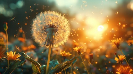   A dandelion in a field under the shining sun