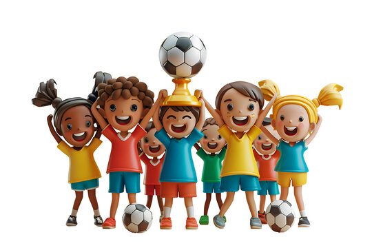 A 3D animated cartoon render of happy soccer players lifting the championship trophy.