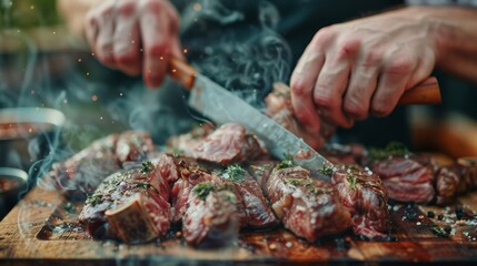 Person Cutting Meat With Knife on Cutting Board - obrazy, fototapety, plakaty