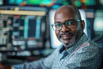 Fototapeta premium Portrait of a middle aged male IT specialist at his desk in modern office
