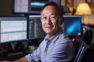 Portrait of a middle aged male IT specialist at his desk in modern office