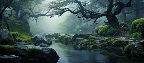 Foto op Plexiglas A winding river flows through a dense forest, encircled by towering trees and rugged rocks. Above, fluffy clouds drift across the sky, creating a picturesque natural landscape © pngking