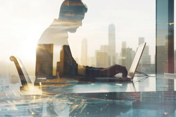 Naklejka premium Business man works in office with laptop in the foreground. Concept of teamwork and partnership. double exposure