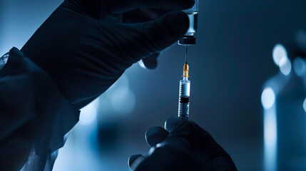 Healthcare Professional Preparing a Vaccine Shot. A gloved hand fills a syringe from a vial against a blue, clinical backdrop, signifying medical professionalism and care.