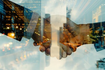 double exposure of a business handshake and cityscape - obrazy, fototapety, plakaty