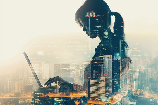 Creative double exposure of a businesswoman working on a laptop with a bustling cityscape, symbolizing urban business dynamics.