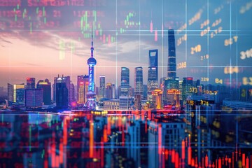 Shanghai China business skyline with stock exchange trading chart double exposure, Asia trading stock market digital concept